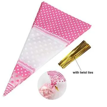 FTVOGUE 50 Piece Clear Cone-Shaped Treat Popcorn Bags Treat Bags Cellophane Candy Bags with Twist Ties(Pink)