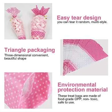 FTVOGUE 50 Piece Clear Cone-Shaped Treat Popcorn Bags Treat Bags Cellophane Candy Bags with Twist Ties(Pink)