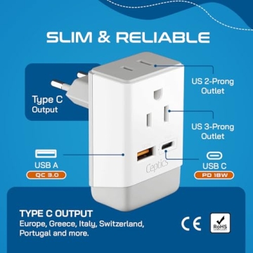 Ceptics European Plug Adapter with USB Charging