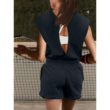 LAMISSCHE Womens Workout Romper with Pockets Sleeveless One Piece Short Jumpsuits Casual Open Back Onesie
