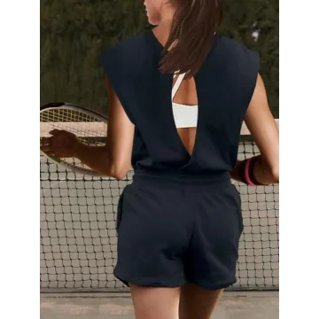 LAMISSCHE Womens Workout Romper with Pockets Sleeveless One Piece Short Jumpsuits Casual Open Back Onesie