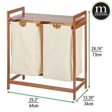 mDesign Freestanding Bamboo 2 Section Double Laundry Organizer Hamper with Removable Storage Sorter ...
