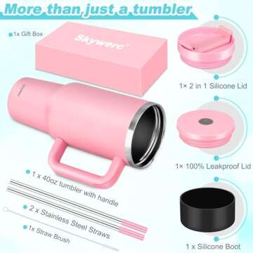 40 oz Tumbler with Handle and Straw, 2 Lids (2 in 1 & LeakProof Lid) - Vacuum Insulated Stainless St...