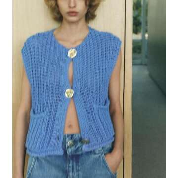 Argeousgor Women Y2k Knitted Vest Button Down Sleeveless Tank Top Crew Neck Vintage Crop Tops Cute Going Out Crop Vest M