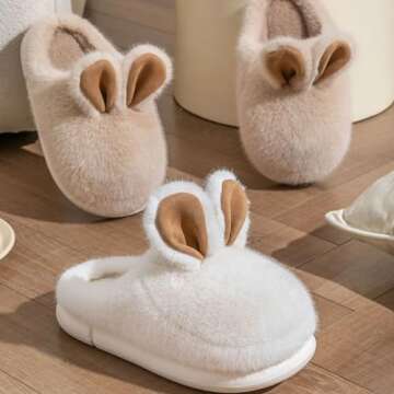 Kawaii Bunny Ear Women's Fuzzy House Memory Foam Slippers, Cute Furry Faux Fur Lined Bedroom Shoes, Cozy Indoor Slide (8,White)