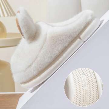 Kawaii Bunny Ear Women's Fuzzy House Memory Foam Slippers, Cute Furry Faux Fur Lined Bedroom Shoes, Cozy Indoor Slide (8,White)