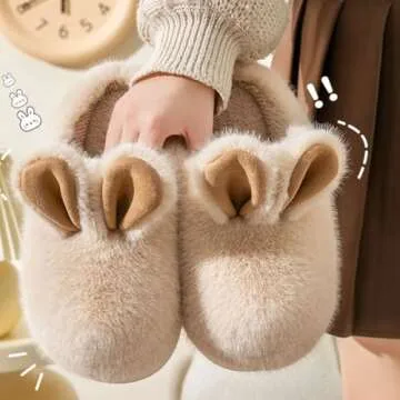 Kawaii Bunny Ear Women's Fuzzy House Memory Foam Slippers, Cute Furry Faux Fur Lined Bedroom Shoes, Cozy Indoor Slide (8,White)