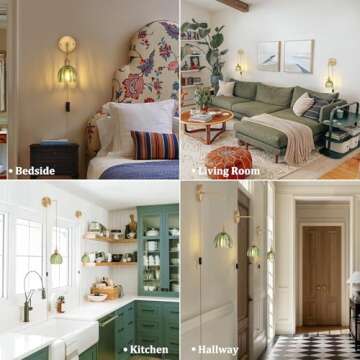 Shenmoyl Vintage Wall Sconce Wall Lamp with Green Tulip Glass Shade Hanging Wall Sconce with 4.9FT P...