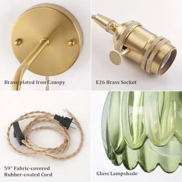 Shenmoyl Vintage Wall Sconce Wall Lamp with Green Tulip Glass Shade Hanging Wall Sconce with 4.9FT Plug in Cord, Modern Wall Lamp Fixtures Decor for Bedside Bedroom Indoor Doorway