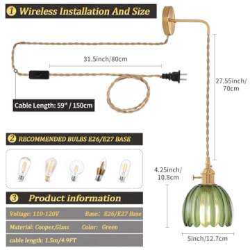 Shenmoyl Vintage Wall Sconce Wall Lamp with Green Tulip Glass Shade Hanging Wall Sconce with 4.9FT Plug in Cord, Modern Wall Lamp Fixtures Decor for Bedside Bedroom Indoor Doorway
