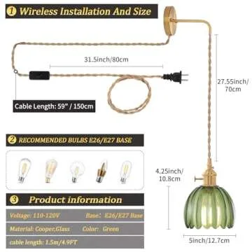 Shenmoyl Vintage Wall Sconce Wall Lamp with Green Tulip Glass Shade Hanging Wall Sconce with 4.9FT Plug in Cord, Modern Wall Lamp Fixtures Decor for Bedside Bedroom Indoor Doorway