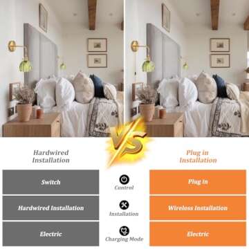 Shenmoyl Vintage Wall Sconce Wall Lamp with Green Tulip Glass Shade Hanging Wall Sconce with 4.9FT Plug in Cord, Modern Wall Lamp Fixtures Decor for Bedside Bedroom Indoor Doorway