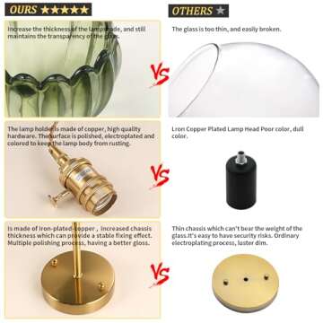 Shenmoyl Vintage Wall Sconce Wall Lamp with Green Tulip Glass Shade Hanging Wall Sconce with 4.9FT Plug in Cord, Modern Wall Lamp Fixtures Decor for Bedside Bedroom Indoor Doorway