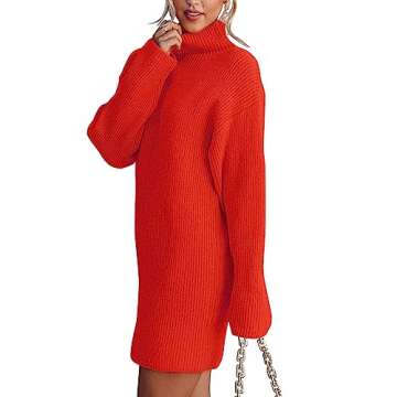 BTFBM Women's Long Sleeve Turtleneck Sweaters Soft Ribbed Knit Oversized 2024 Fall Winter Long Pullover Sweater Dress(Solid Orange, Medium)