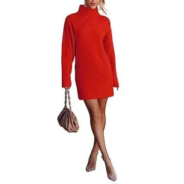 BTFBM Women's Long Sleeve Turtleneck Sweaters Soft Ribbed Knit Oversized 2024 Fall Winter Long Pullover Sweater Dress(Solid Orange, Medium)