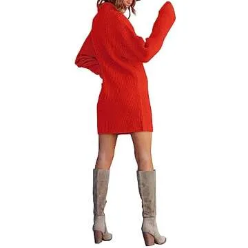 BTFBM Women's Long Sleeve Turtleneck Sweaters Soft Ribbed Knit Oversized 2024 Fall Winter Long Pullover Sweater Dress(Solid Orange, Medium)