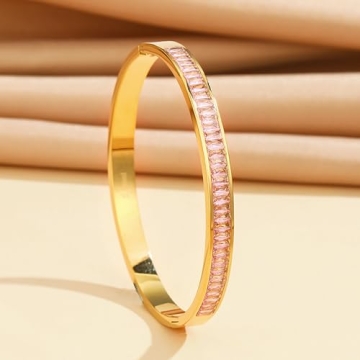Frigotine Gold Rhinestone Bangles Bracelets for Women, Trendy Chunky Pink Crystal Stainless Steel Stackable Cuff Bracelet Wedding Prom Fashion Jewelry Gift
