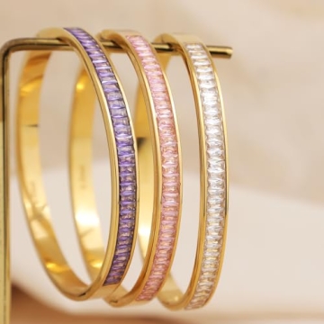 Frigotine Gold Rhinestone Bangles Bracelets for Women, Trendy Chunky Pink Crystal Stainless Steel Stackable Cuff Bracelet Wedding Prom Fashion Jewelry Gift