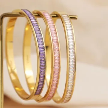 Frigotine Gold Rhinestone Bangles Bracelets for Women, Trendy Chunky Pink Crystal Stainless Steel Stackable Cuff Bracelet Wedding Prom Fashion Jewelry Gift