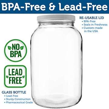 Sally's Organics Large 1 Gallon Glass Jars - Made in the USA with Wide Mouth BPA-Free Lid – Sun Tea, Fermenting, Kombucha, Pickling, and Cookie or Candy Storage Jar – USDA Certified, Dishwasher Safe