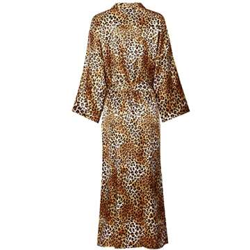 V Vaborous Women's Leopard Print Long Silk Robes Long Satin Robes Cheetah Print Long Kimono Robes Silky Dressing Gowns, Leopard Print, L/XL