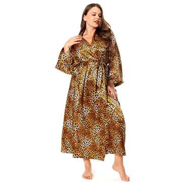 V Vaborous Women's Leopard Print Long Silk Robes Long Satin Robes Cheetah Print Long Kimono Robes Silky Dressing Gowns, Leopard Print, L/XL