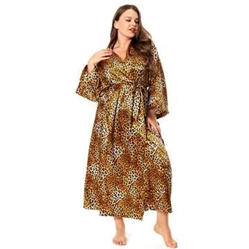 V Vaborous Women's Leopard Print Long Silk Robes Long Satin Robes Cheetah Print Long Kimono Robes Silky Dressing Gowns, Leopard Print, L/XL