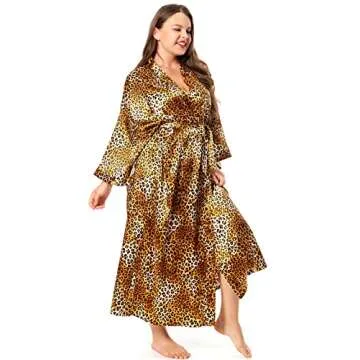 V Vaborous Women's Leopard Print Long Silk Robes Long Satin Robes Cheetah Print Long Kimono Robes Silky Dressing Gowns, Leopard Print, L/XL