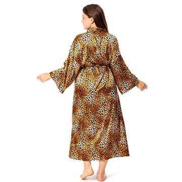 V Vaborous Women's Leopard Print Long Silk Robes Long Satin Robes Cheetah Print Long Kimono Robes Silky Dressing Gowns, Leopard Print, L/XL