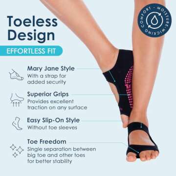 Tucketts Allegro Pilates Socks Toeless Yoga Socks with Grips for Women, Toeless Socks For Women, L/XL, 3Pack Black Swan