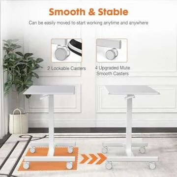 Sweetcrispy Small Mobile Rolling Standing Desk - Overbed Table, Teacher Podium with Wheels, Adjustable Work Table, Rolling Desk Laptop Computer Cart for Home, Office, Classroom - White