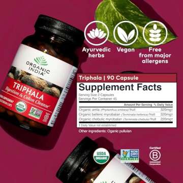 ORGANIC INDIA Triphala Capsules Organic - Herbal Supplement with Amla, Bibhitaki, Haritaki, Digestion & Colon Support, Immune System Support, Adaptogen, Vegan, USDA Certified Organic - 90 Capsules