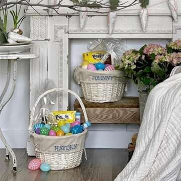 Personalization Universe Personalized Hand-Woven Willow Easter Basket with Folding Handle -First Easter, Egg Hunt, Vintage-Inspired Design, Embroidered with Any Name - Light Green