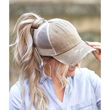 ProMindFun Womens Ponytail High Messy Bun Hats Distressed Baseball Caps Unconstructed Washed Dad Hat Girls Trucker Ponycaps (03-Light Khaki)