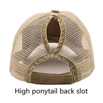ProMindFun Womens Ponytail High Messy Bun Hats Distressed Baseball Caps Unconstructed Washed Dad Hat Girls Trucker Ponycaps (03-Light Khaki)