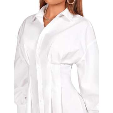 GORGLITTER Women's Button Up Long Sleeve Mini T Shirt Dress Lapel Collar Pleated Flared Short Dresses White Small