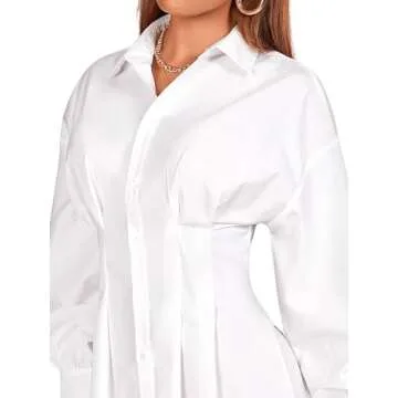 GORGLITTER Women's Button Up Long Sleeve Mini T Shirt Dress Lapel Collar Pleated Flared Short Dresses White Small