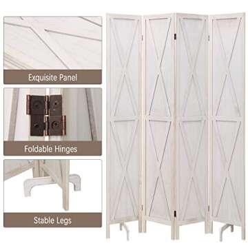 Babion 4 Panel Room Divider, X-Shaped Folding Room Dividers, White Partition Room Dividers, Wood Room Dividers, Room Divider Screen for Bedroom Home,Double Hinged,White