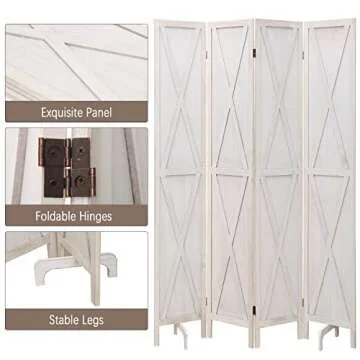 Babion 4 Panel Room Divider, X-Shaped Folding Room Dividers, White Partition Room Dividers, Wood Room Dividers, Room Divider Screen for Bedroom Home,Double Hinged,White