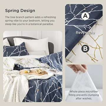 Bedsure King Comforter Sets - 7 Pieces Floral Navy Blue Bed Set, Tree Branch Pattern Printed Bed in a Bag King with Comforter, Sheets, Pillowcases & Shams