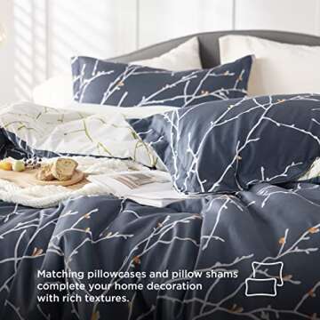 Bedsure King Comforter Sets - 7 Pieces Floral Navy Blue Bed Set, Tree Branch Pattern Printed Bed in a Bag King with Comforter, Sheets, Pillowcases & Shams