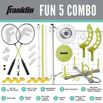 Franklin Sports Fun 5 Combo Outdoor Game Set - Backyard, Beach + Camping Games for Kids - Badminton,...