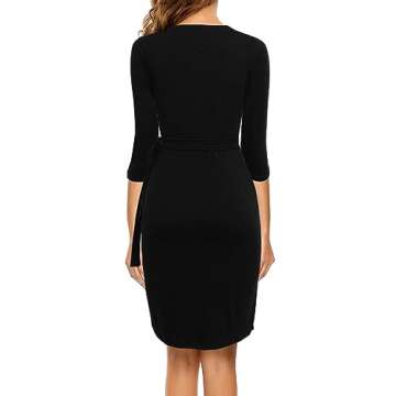 Berydress Women's Classic Cocktail Party 3/4 Sleeve Deep V Neck Draped Waist Tie Belt Knee-Length Fa...