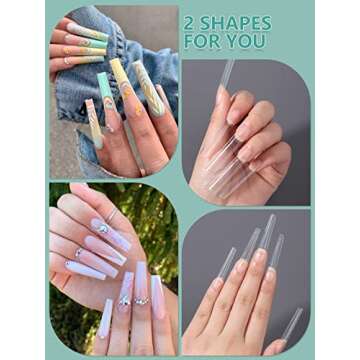 480PCS XL Long Clear Nail Tips - Coffin & Square Shapes for Home & Salon Use