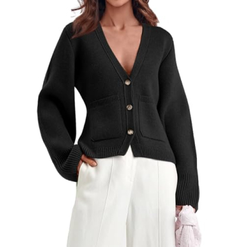 Stylish Saodimallsu Women’s Deep V-Neck Cardigans - Cozy Cropped Sweaters with Pockets