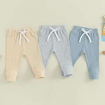 Toddler Baby Boy Girl 3 Pack Jogger Pants Ribbed Cotton Solid Color Drawstring Active Sweatpants Fal...