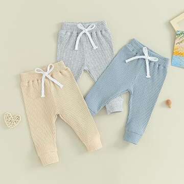 Toddler Baby Boy Girl 3 Pack Jogger Pants Ribbed Cotton Solid Color Drawstring Active Sweatpants Fall Winter Clothes (Ribbed Grey+Apricot+Blue, 0-6 Months)