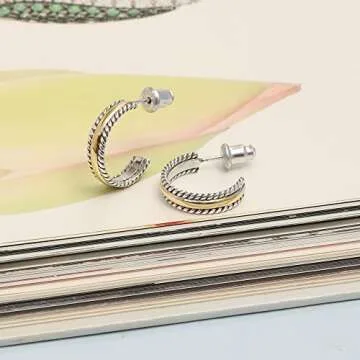 LeCalla 925 Sterling Silver Half Hoop Earrings Mothers Day Gifts for Women | Two-Tone Antique Style C Hoop Earring | 14K Gold-Plated Small Women's Earring 15MM