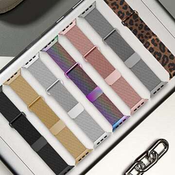 Geoumy Magnetic Band Compatible with Apple Watch 38/40/41/42mm for Series 10, Stainless Steel Mesh Milanese Strap, Metal Wristband for iWatch SE Ultra 1 2 Series 1-10 for Women Men, Leopard