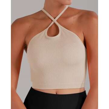 Sunzel Free to Be Tank, Ribbed Crop Tops for Women Summer Tank Tops Cute No pad Racerback Camisole Cropped Workout Gym Yoga Black Beige Grey(3pcs) M